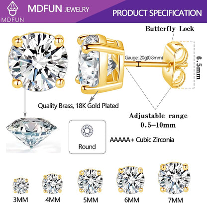 5 Pairs Stud Earrings Sets 3-7MM 18K Gold Plated Round/Cushion/Asscher/Emerald Cut Cubic Zirconia Earring Hypoallergenic Stud Earrings for Women Men