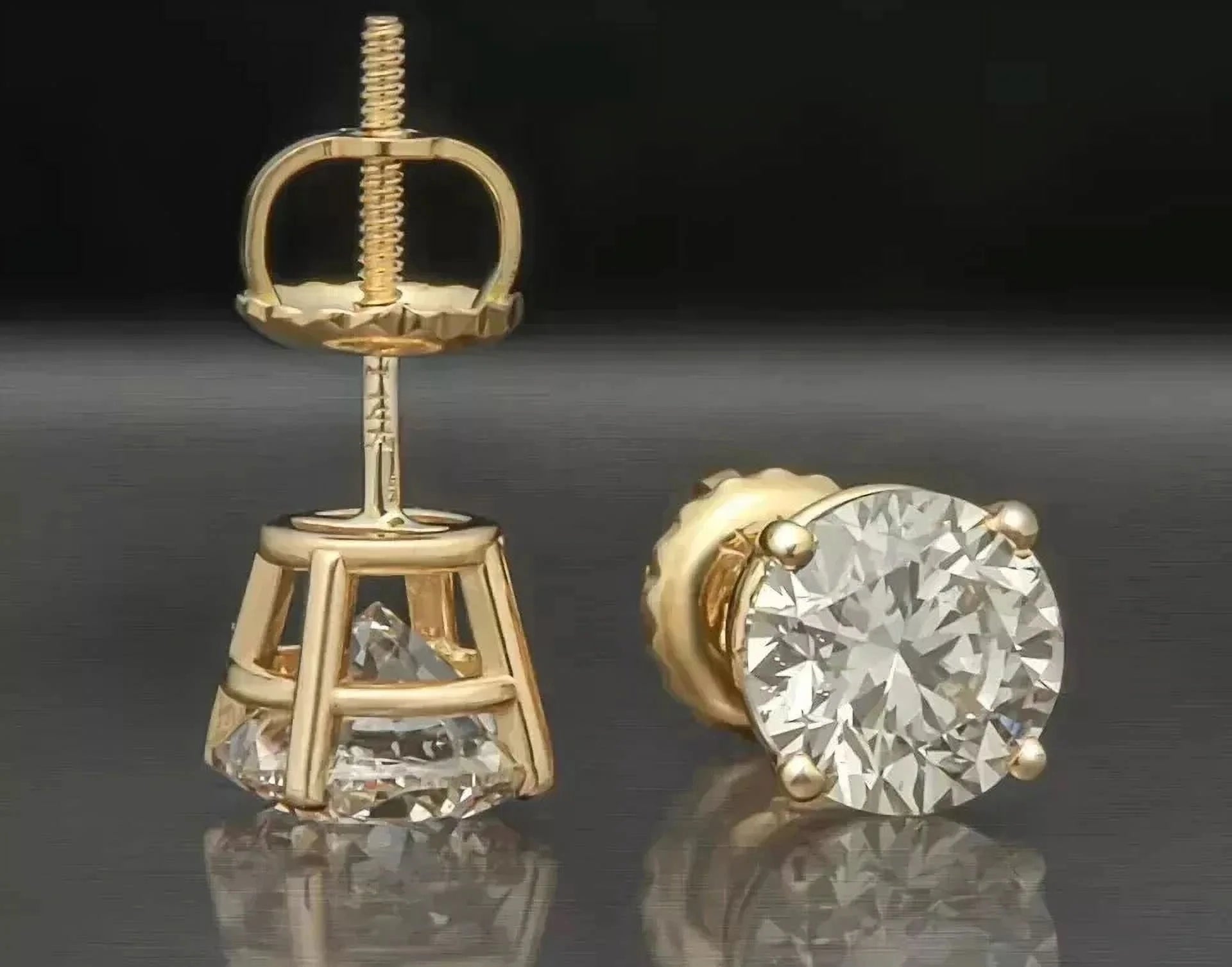 round Cut White Diamond Screw Back Stud Earrings in 14K Yellow Gold Plated, 2 Carat