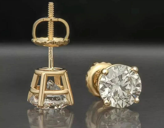 round Cut White Diamond Screw Back Stud Earrings in 14K Yellow Gold Plated, 2 Carat