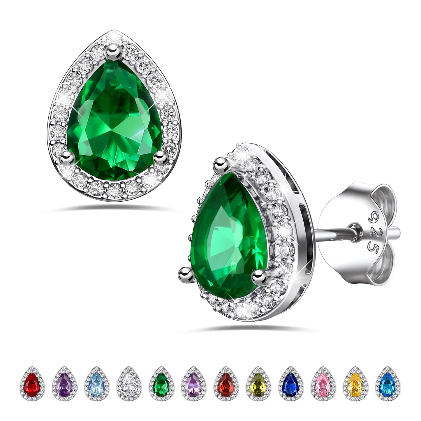 925 Sterling Silver Birthstone Stud Earrings for Women, Sparking May Teardrop Cut Diamond Earrings for Sensitive Ears