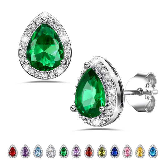 925 Sterling Silver Birthstone Stud Earrings for Women, Sparking May Teardrop Cut Diamond Earrings for Sensitive Ears