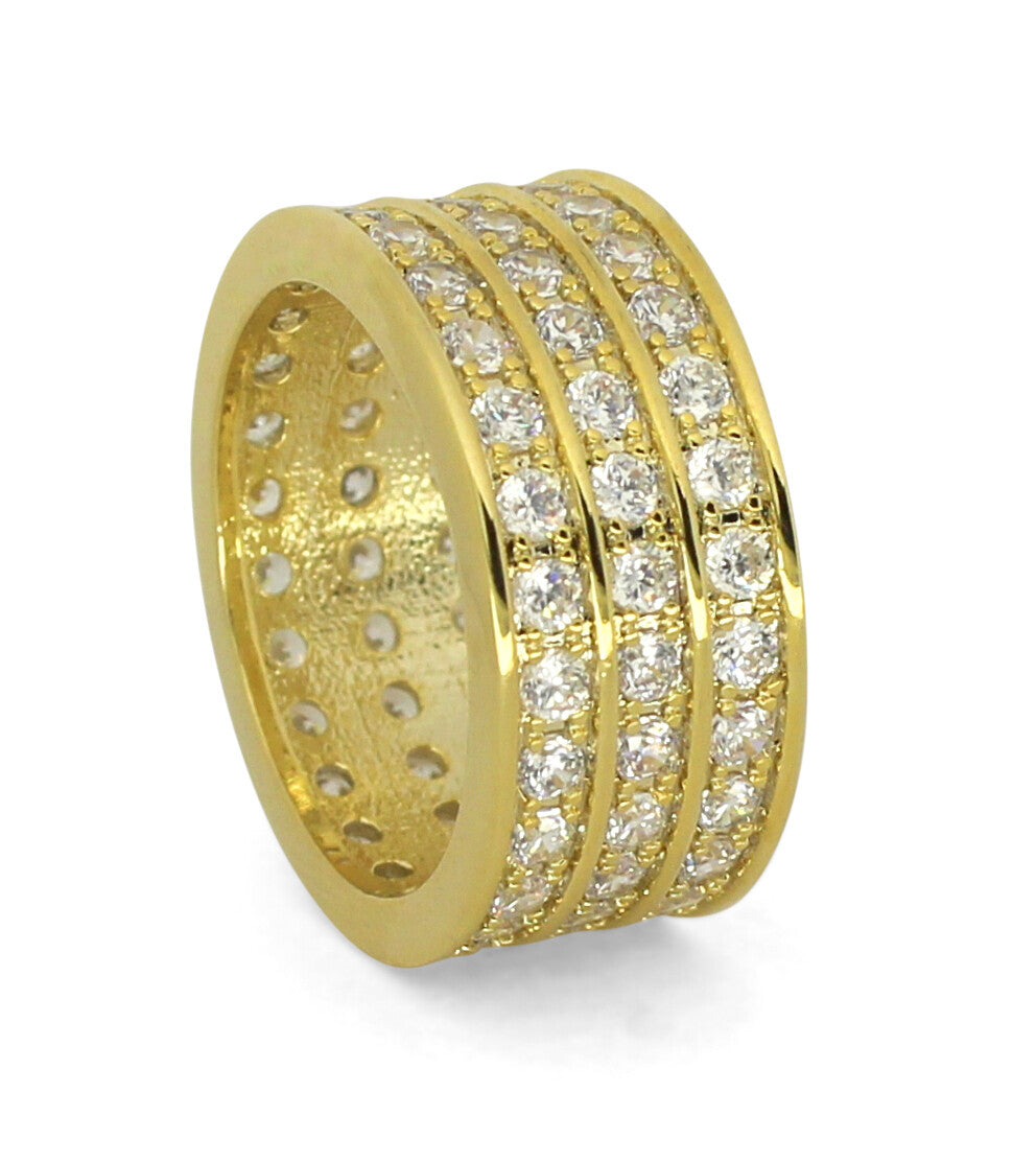 Mens 3 Row Engagement Band 14K Gold Plated Icy Cubic Zirconia Promise Ring