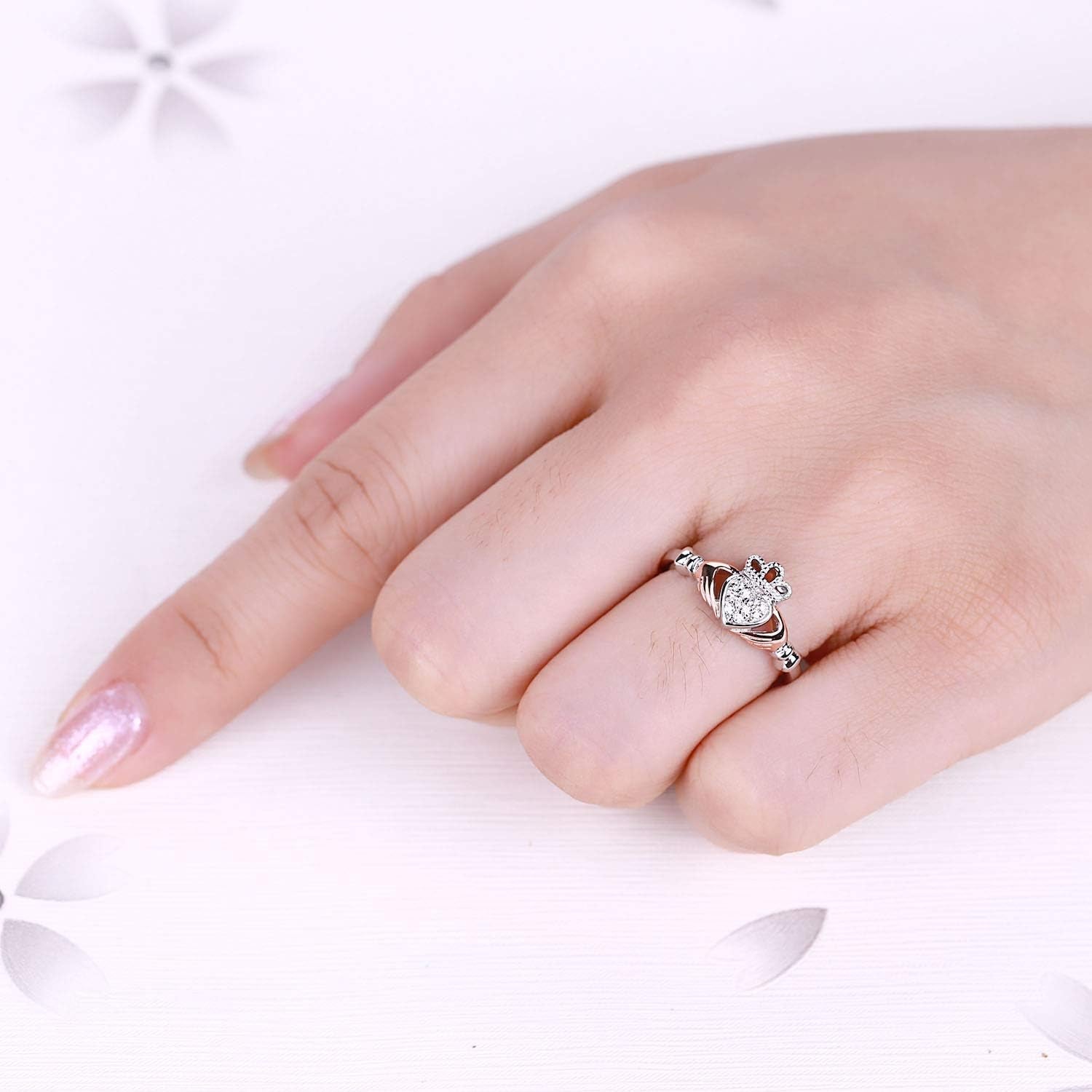 925 Sterling Silver Cubic Zirconia Rose Gold Claddagh Heart Promise Rings for Her,Birthstone Rings for Women