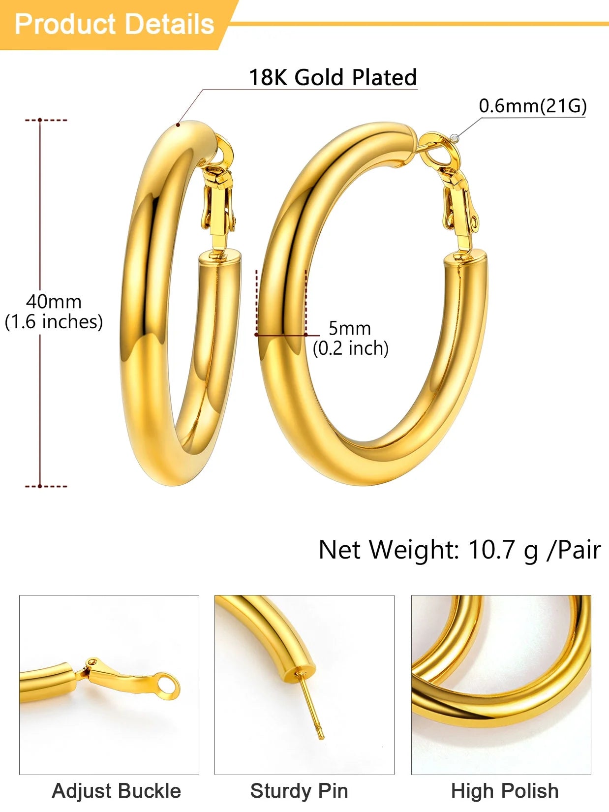 Chunky Hoop Earrings for Women Stainless Steel Jewelry 14K Gold Plated Large Earring 30Mm Birthday Christmas Gift for Daughter Wife