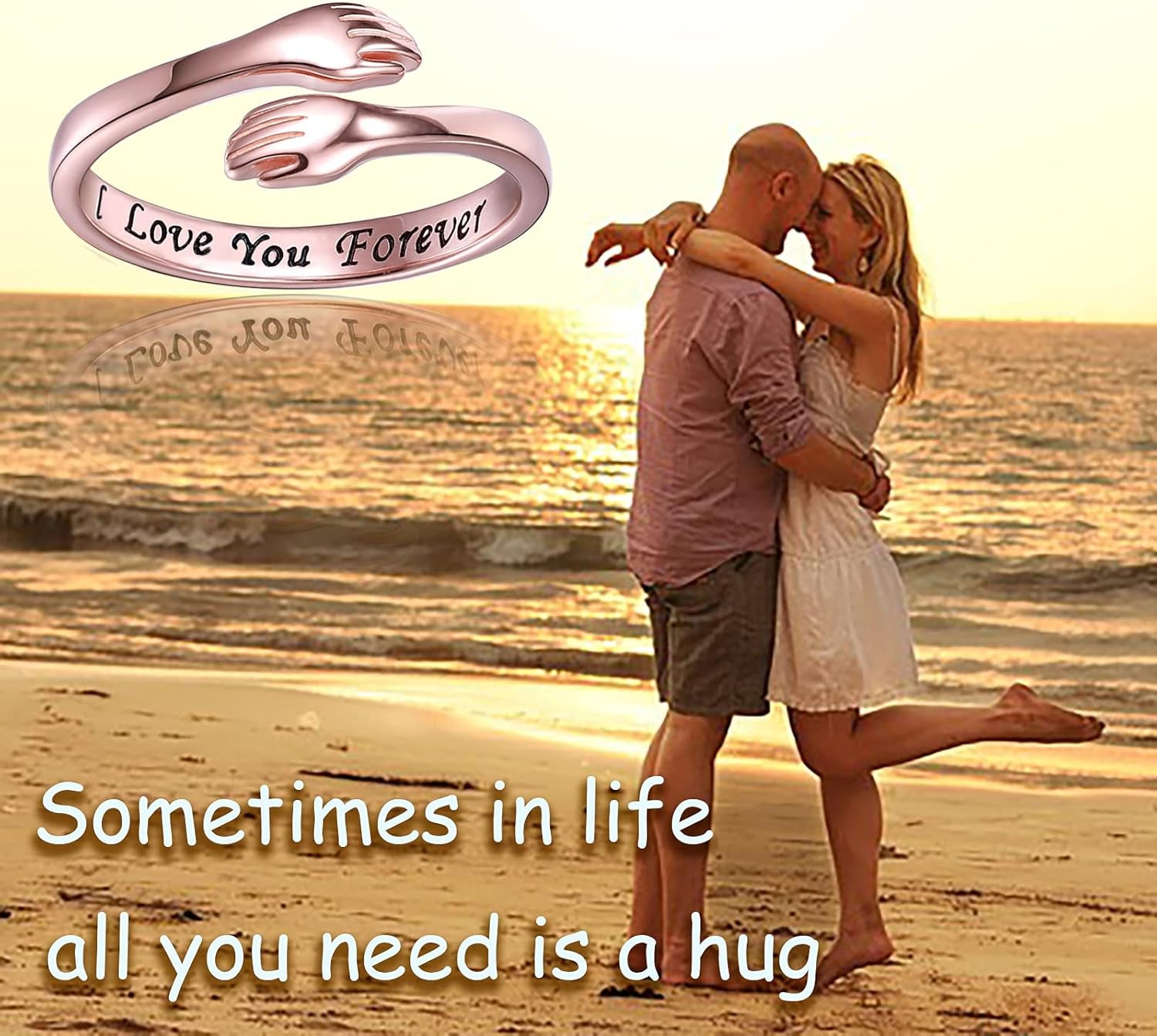 Sterling Silver Adjustable Hug Ring - White Gold/Rose Gold Plated Couple Hugging Band for Women Men'S Wedding - Turquoise Hand Jewelry for Her