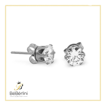 Women Stud Earrings Cubic Zirconia Silver Stainless Steel Jewelry round 6 Mm