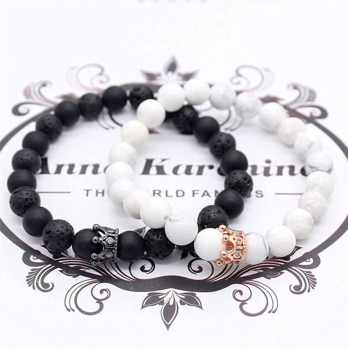 8Mm Natural Stone CZ Micro Pave Crown King Queen Beads His and Hers Couple Bracelet, 7.5" (Black&White-2)