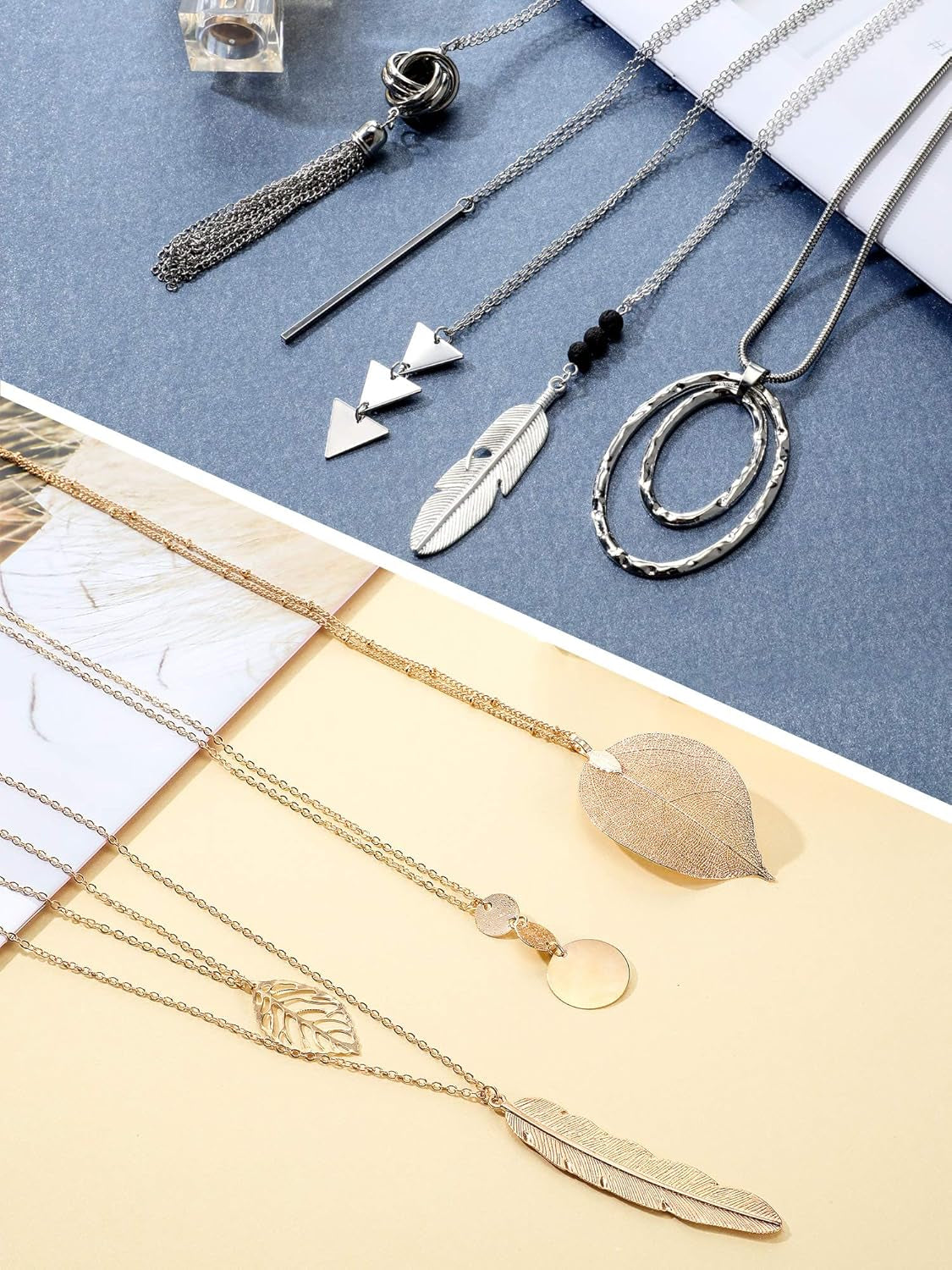 12 Pieces Long Pendant Necklace Set Y Tassel Leaf Circle Bar Necklace for Women