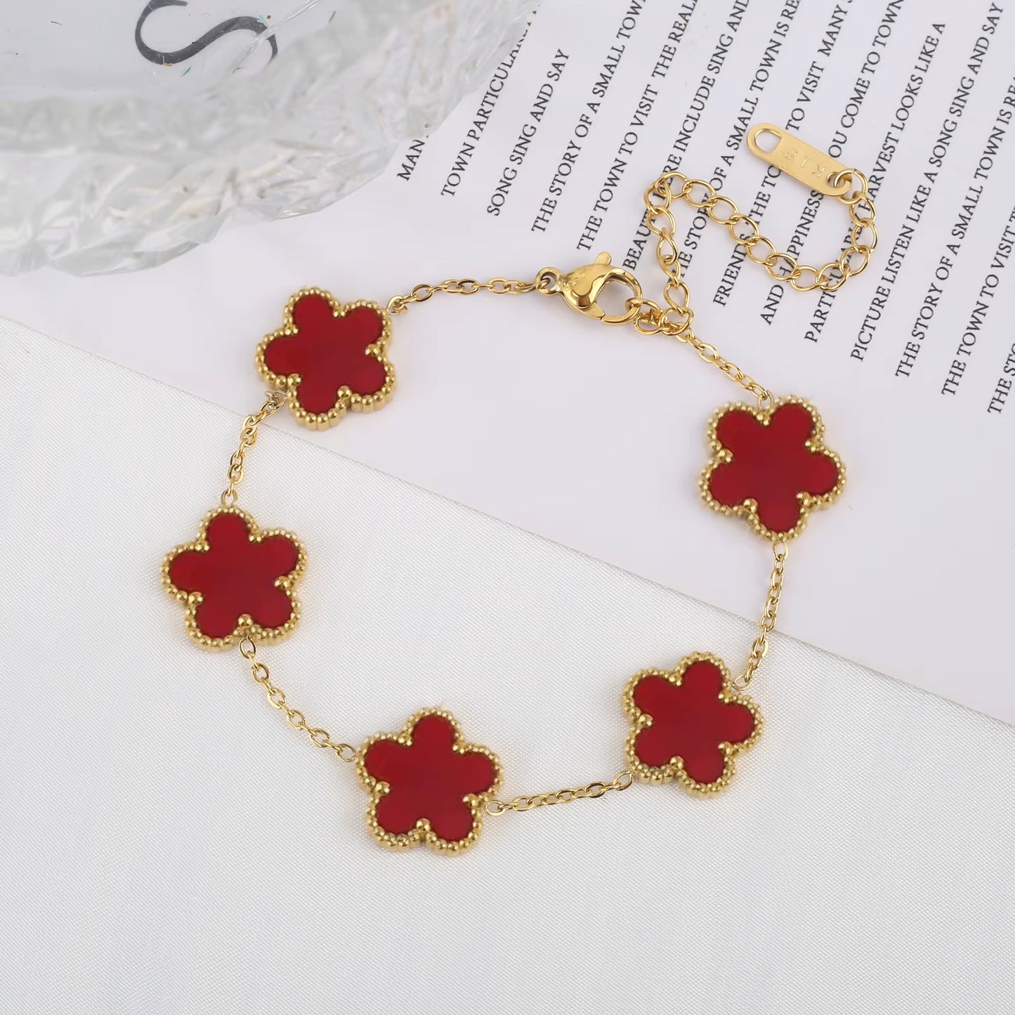 Trend Clover Bracelet for Women Girls 14K Gold Plated Stainless Steel Five Leaf Flower Dainty Lucky Link Bracelets Party Jewelry
