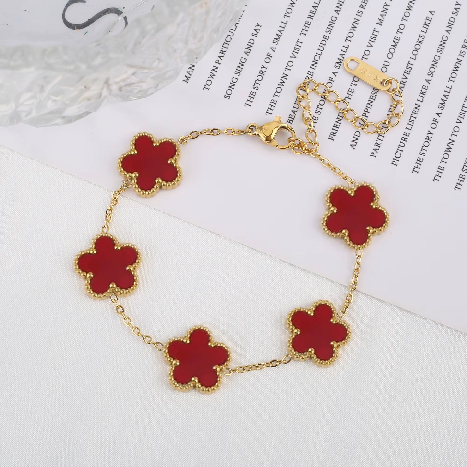 Trend Clover Bracelet for Women Girls 14K Gold Plated Stainless Steel Five Leaf Flower Dainty Lucky Link Bracelets Party Jewelry