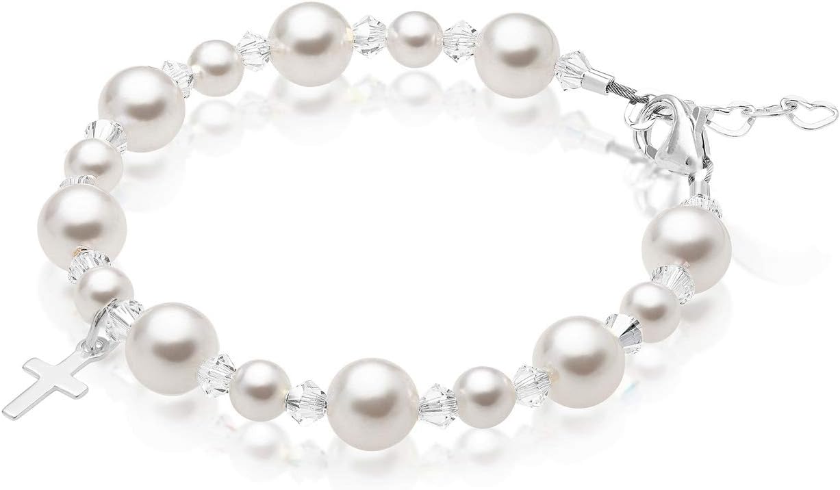 Pearl Bracelets for Girls, Sterling Silver Cross Charm, Baptism Gifts for Girl, Baby Bracelet with Simulated White Pearls and Crystals, Girls Jewelry Birthday Gift