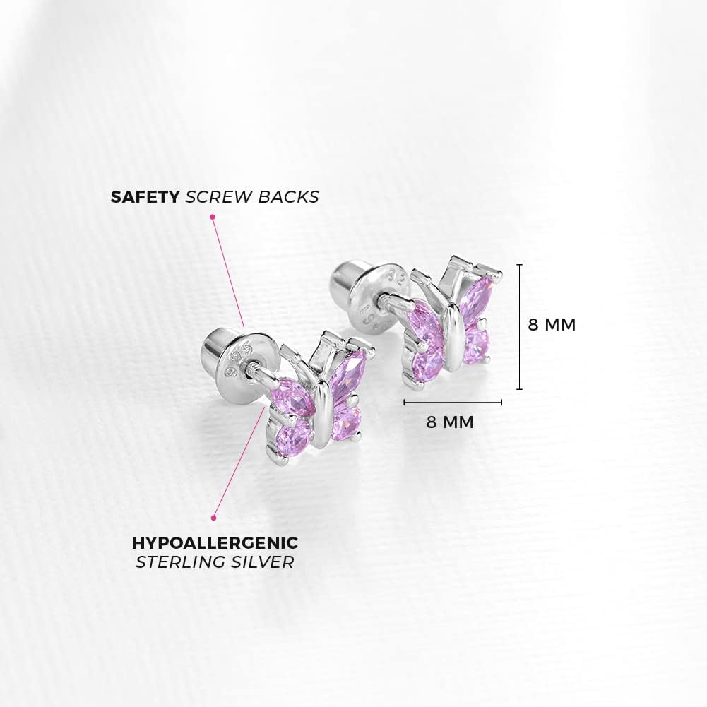 925 Sterling Silver Cubic Zirconia Butterfly Screw Back Earrings for Little Girls & Teens - Eye-Catching and Fashionable Safety Stud Earrings - Sparkly and Elegant Jewelry for Girls