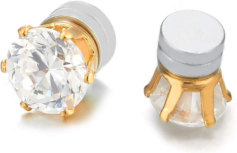 Mens Womens Magnetic Cubic Zirconia Stud Earrings, Steel, Non-Piercing Clip on Cheater Fake Ear