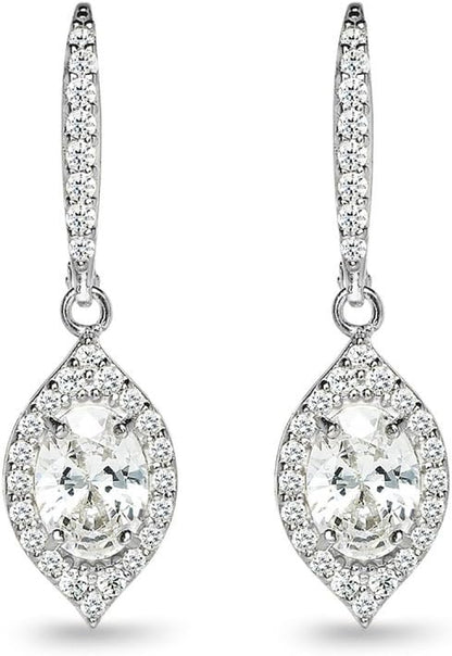 Sterling Silver Oval Dangle Leverback Earrings Made with AAA Cubic Zirconia