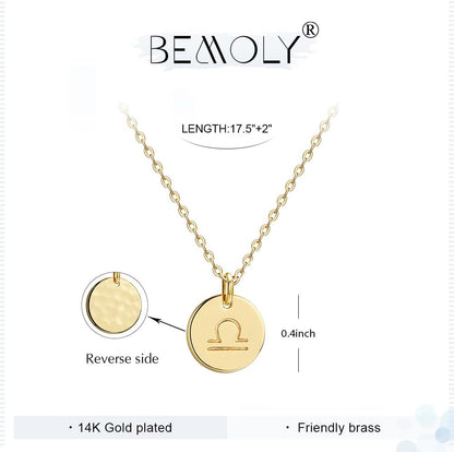 Constellation Necklace Pendant 14K Gold-Plated Hammered round Disc Engraved Zodiac Sign Pendant 17.5’’ Adjustable Dainty Necklace