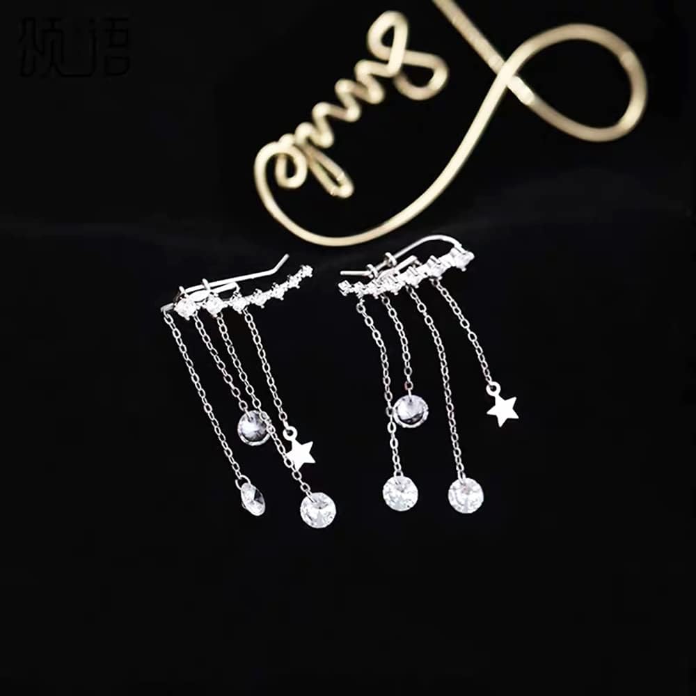 Solid 925 Sterling Silver Crawler Earrings Tassel Chain Dangle for Women Teens 7 Crystal Cuff Earrings Climber