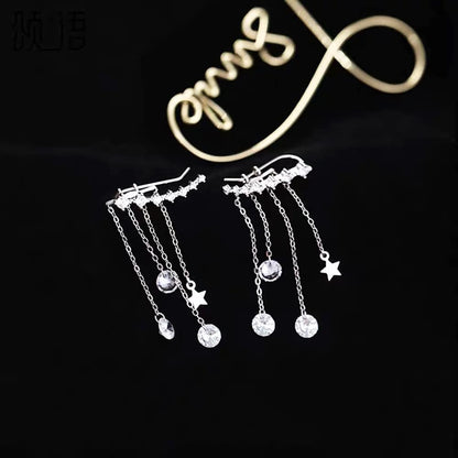 Solid 925 Sterling Silver Crawler Earrings Tassel Chain Dangle for Women Teens 7 Crystal Cuff Earrings Climber