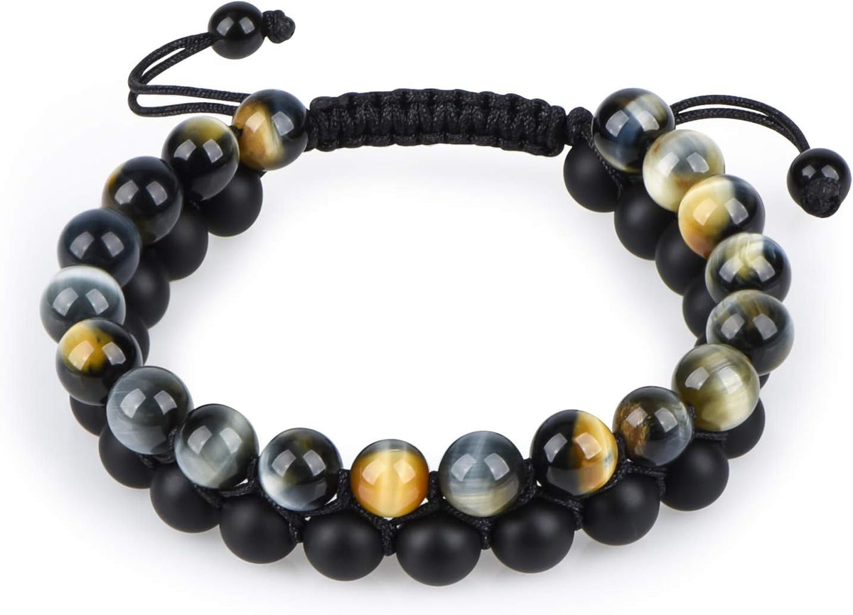 Tiger Eye Bracelet Mens Womens Natural Stones Lava Tiger Eye Beads Bracelet Adjustable 7.5"-11", Couples