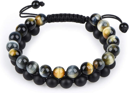 Tiger Eye Bracelet Mens Womens Natural Stones Lava Tiger Eye Beads Bracelet Adjustable 7.5"-11", Couples