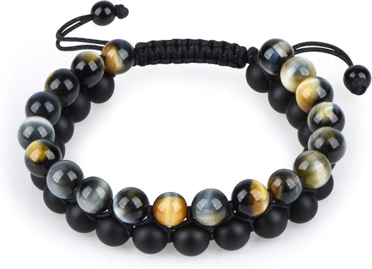 Tiger Eye Bracelet Mens Womens Natural Stones Lava Tiger Eye Beads Bracelet Adjustable 7.5"-11", Couples
