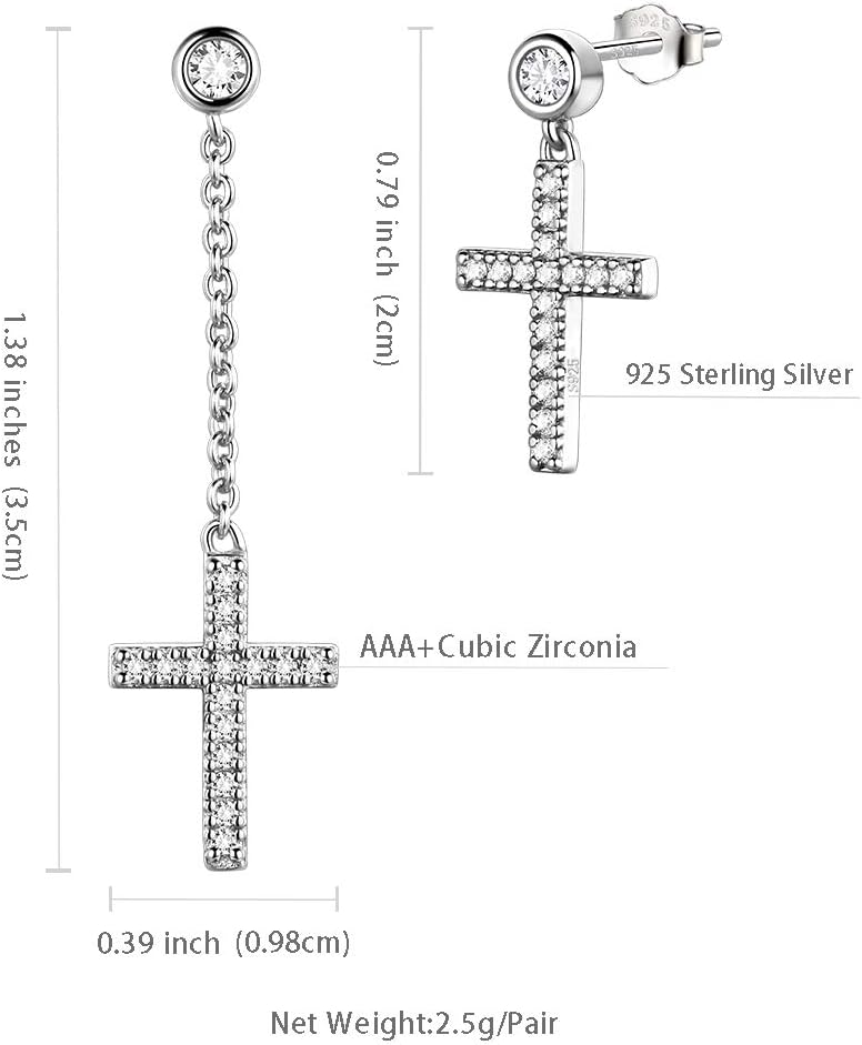 Mens Small Cross Earrings,925 Sterling Silver Earrings Dangle for Men Women,Crystal Drop Cross Hoop Earrings Fashion Earrings Jewelry