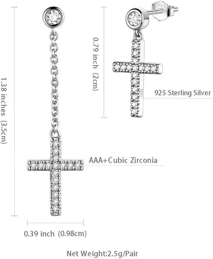 Mens Small Cross Earrings,925 Sterling Silver Earrings Dangle for Men Women,Crystal Drop Cross Hoop Earrings Fashion Earrings Jewelry