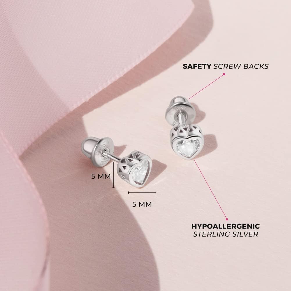 925 Sterling Silver 5Mm Girls CZ Heart Earrings Simulated Birthstone Bezel with Screw Back Stud Baby Earrings - Safety Screw Back for Toddlers - Quality Heart Cubic Zirconia Earrings for Kids