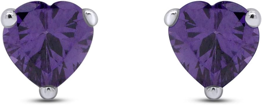 5MM Heart Shape Simulated Birthstone Stud Earrings in 14K White Gold over Sterling Silver, Gift for Her
