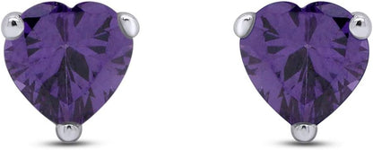 5MM Heart Shape Simulated Birthstone Stud Earrings in 14K White Gold over Sterling Silver, Gift for Her