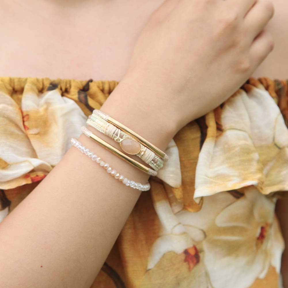 Leather Wrap Bracelets Crystal Beads Bracelet Boho Cuff Stone Charm Bracelets with Clasp Costume Jewelry for Women