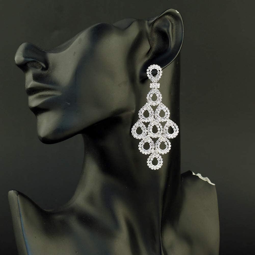 Silver Teardrop Crystal Long Tassels Dangle Earrings Sparkling Rhinestone Ladies Gifts