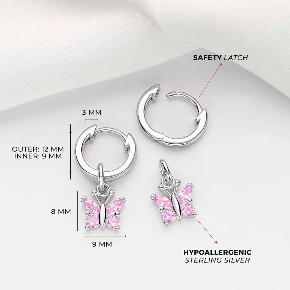 925 Sterling Silver Cubic Zirconia Butterfly Dangle Hoop Earrings for Young Girls and Pre-Teens - Pretty Butterfly Earrings for Girls