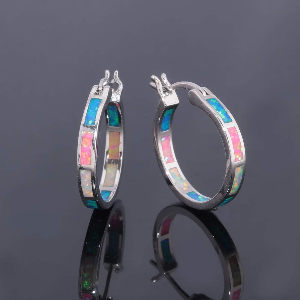 Sterling Silver/Rose Gold/Yellow Gold Plated Hoop Earrings 20Mm,Multicolor Opal Small Hoop Earrings for Women Girls Hypoallergenic Jewelry for Sensitive Ears Gemstone Earrings