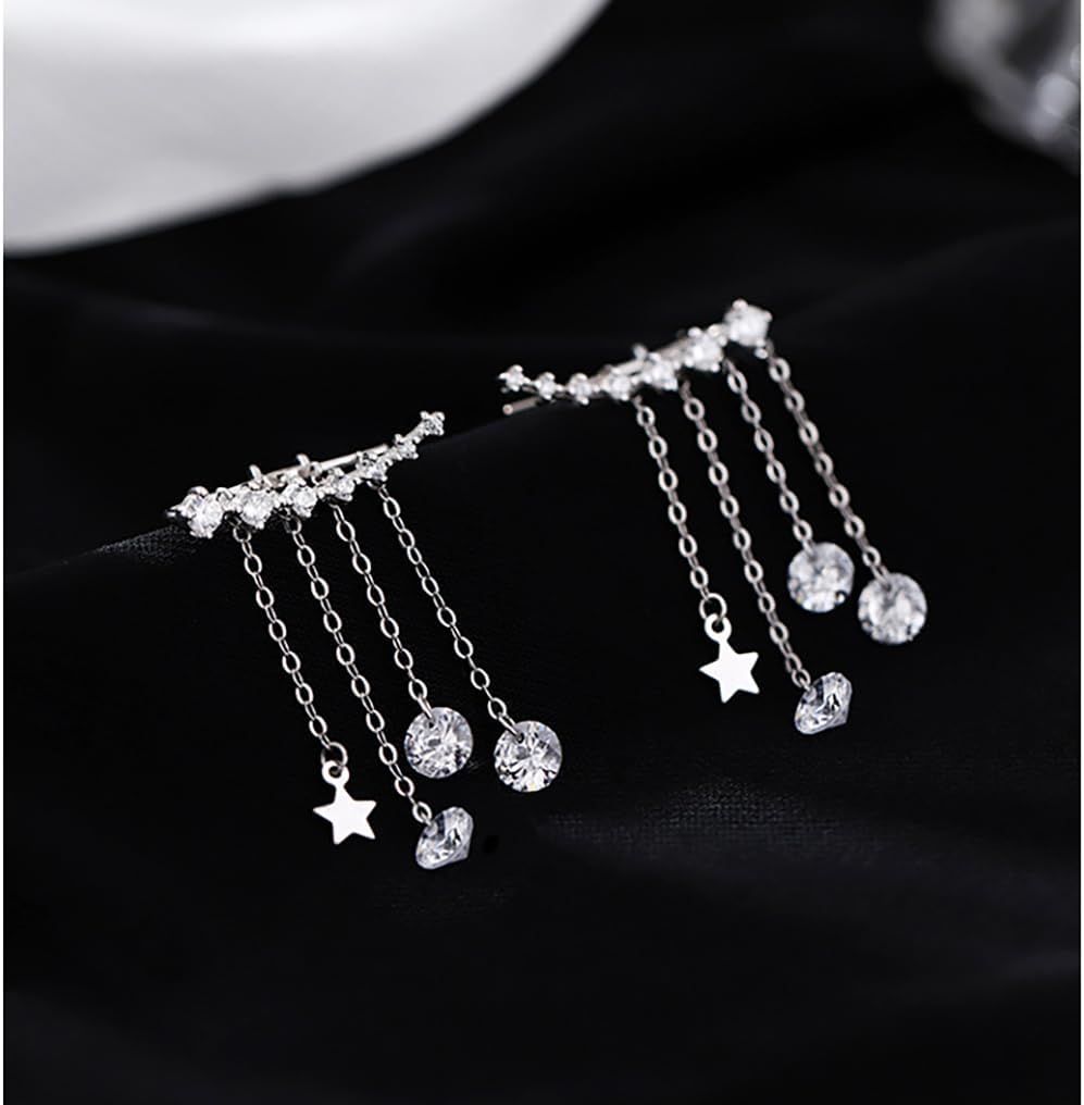 Solid 925 Sterling Silver Crawler Earrings Tassel Chain Dangle for Women Teens 7 Crystal Cuff Earrings Climber