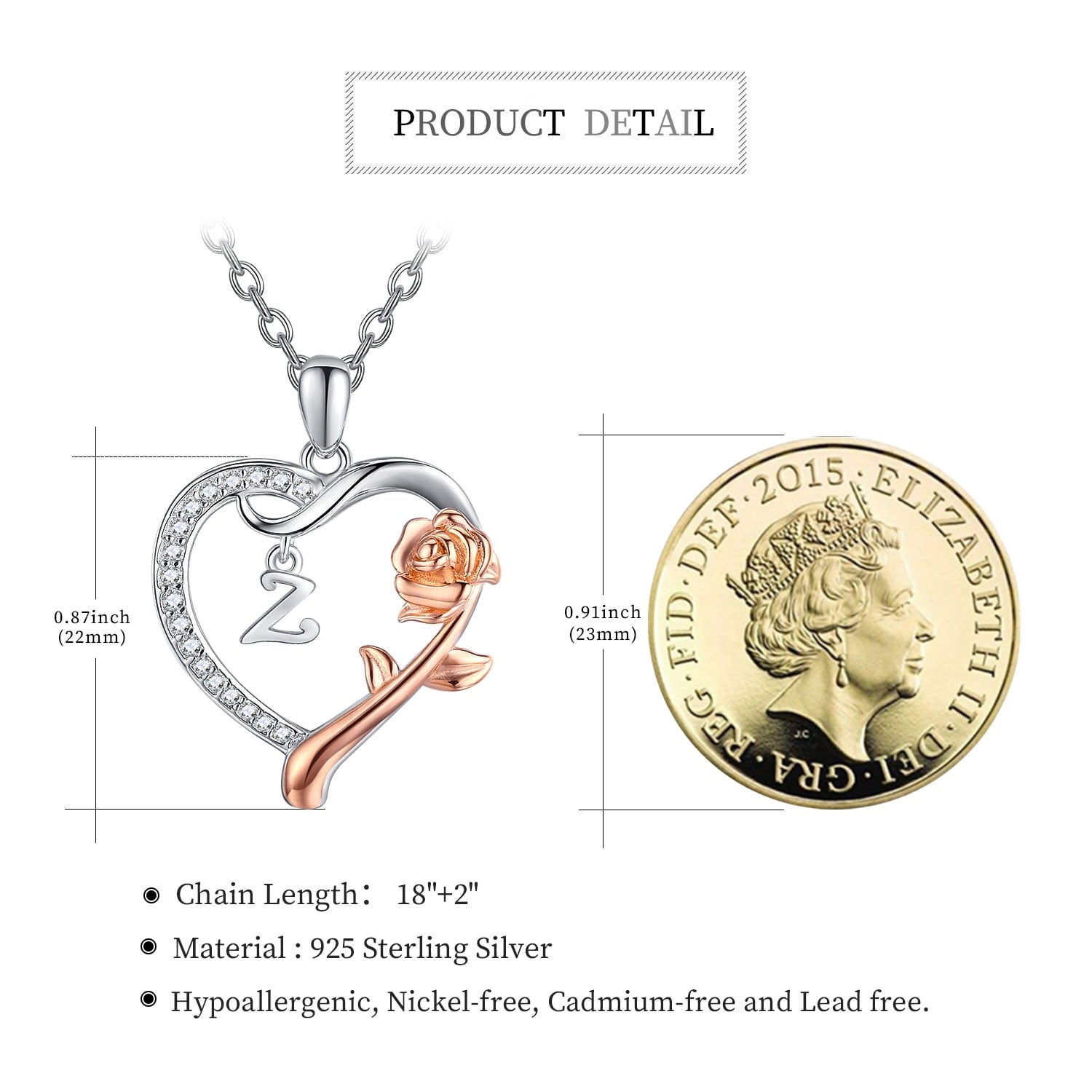 Initial Letter Necklace 925 Sterling Silver Love Heart Letters with Rose Flower Pendant Necklace Jewelry Gifts for Women