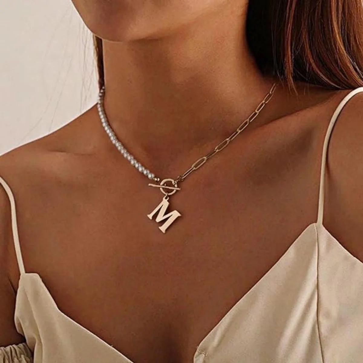 Gold Initial Pearl Necklace for Women, 14K Gold Plated Paperclip Link Chain Necklace Initial Pendant Necklaces A-Z English Alphabet Necklace Jewelry Gifts