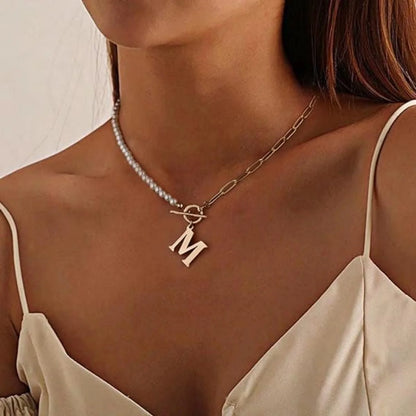 Gold Initial Pearl Necklace for Women, 14K Gold Plated Paperclip Link Chain Necklace Initial Pendant Necklaces A-Z English Alphabet Necklace Jewelry Gifts