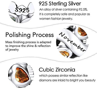 Birthstone Charms 925 Sterling Silver Love Heart Openwork Bead for Charm Bracelets and Necklaces with 5A Cubic Zirconia, Birthday Mothers Day Jewelry Gifts Women