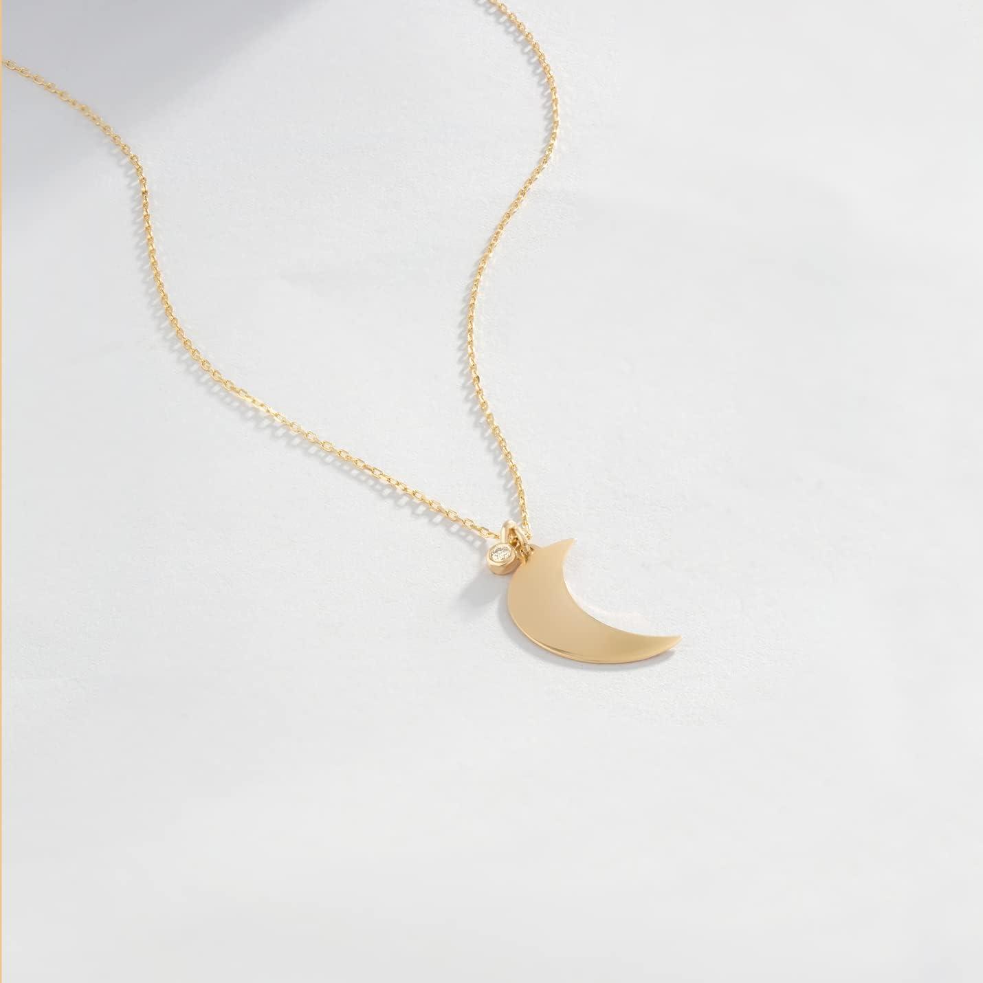 14K Solid Gold Diamond Half Moon Necklace for Women