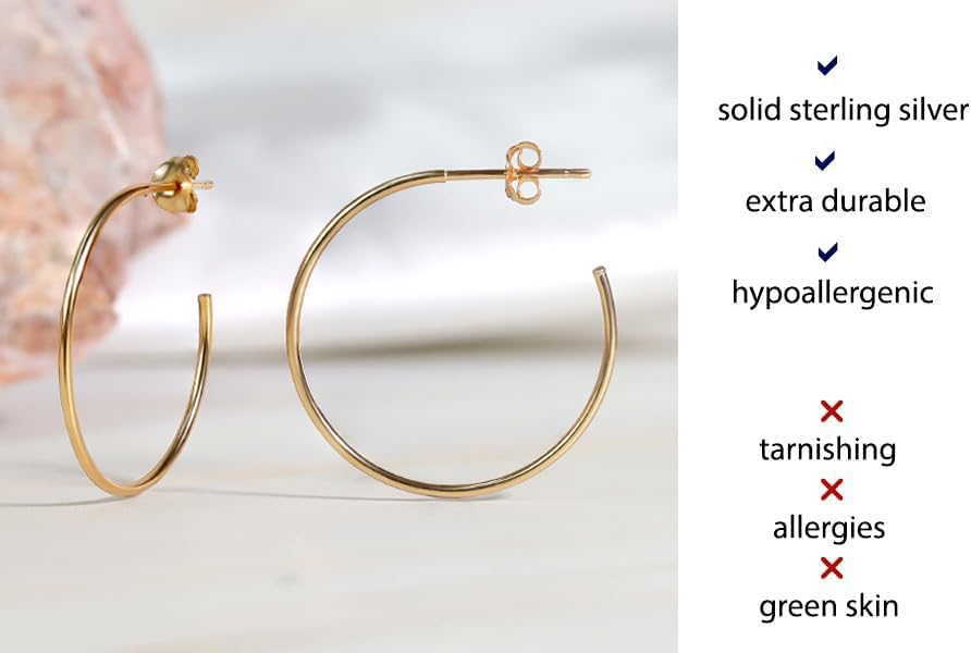 Gold Thin C-Hoop Earrings– 925 Sterling Silver, 25mm