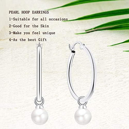 925 Sterling Silver Hoop Earrings with Simulated Danlge Pearl(White/Black)