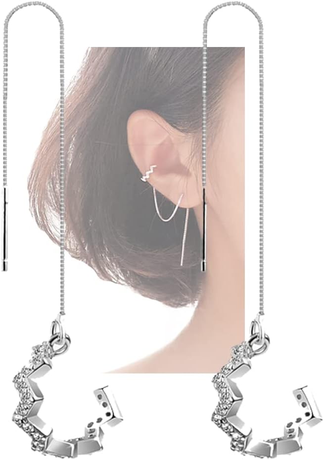 925 Sterling Silver Wave Cuff Earrings Wrap Tassel Earrings for Women Dangle Earrings Threader Chain