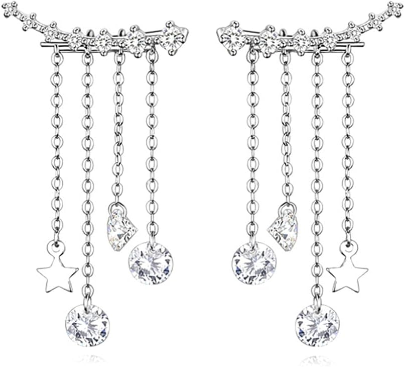 Solid 925 Sterling Silver Crawler Earrings Tassel Chain Dangle for Women Teens 7 Crystal Cuff Earrings Climber