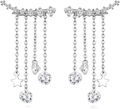 Solid 925 Sterling Silver Crawler Earrings Tassel Chain Dangle for Women Teens 7 Crystal Cuff Earrings Climber