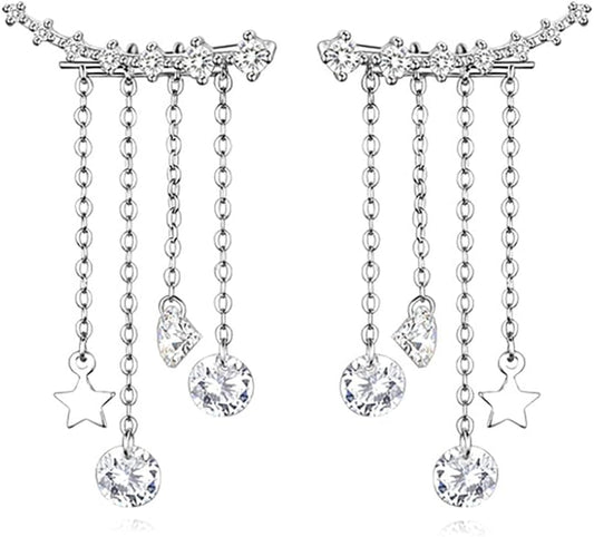 Solid 925 Sterling Silver Crawler Earrings Tassel Chain Dangle for Women Teens 7 Crystal Cuff Earrings Climber