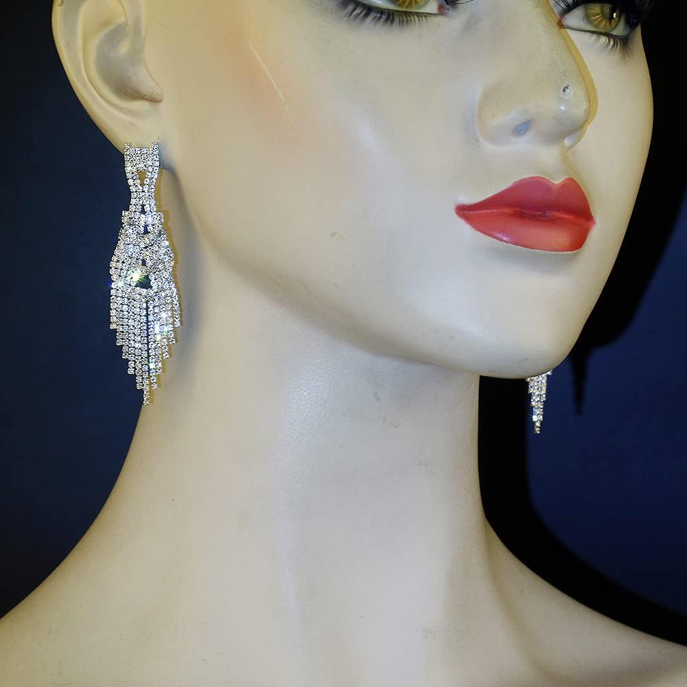 Silver Teardrop Crystal Long Tassels Dangle Earrings Sparkling Rhinestone Ladies Gifts