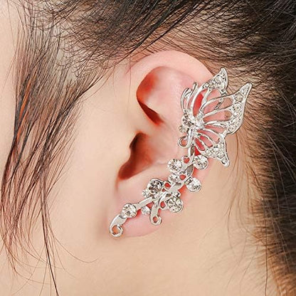 2PCS Ear Cuff Crawler Earrings for Women, Crystal Butterfly Elven Ear Cuffs Hypoallergenic Piercing Ear Cuff Earrings