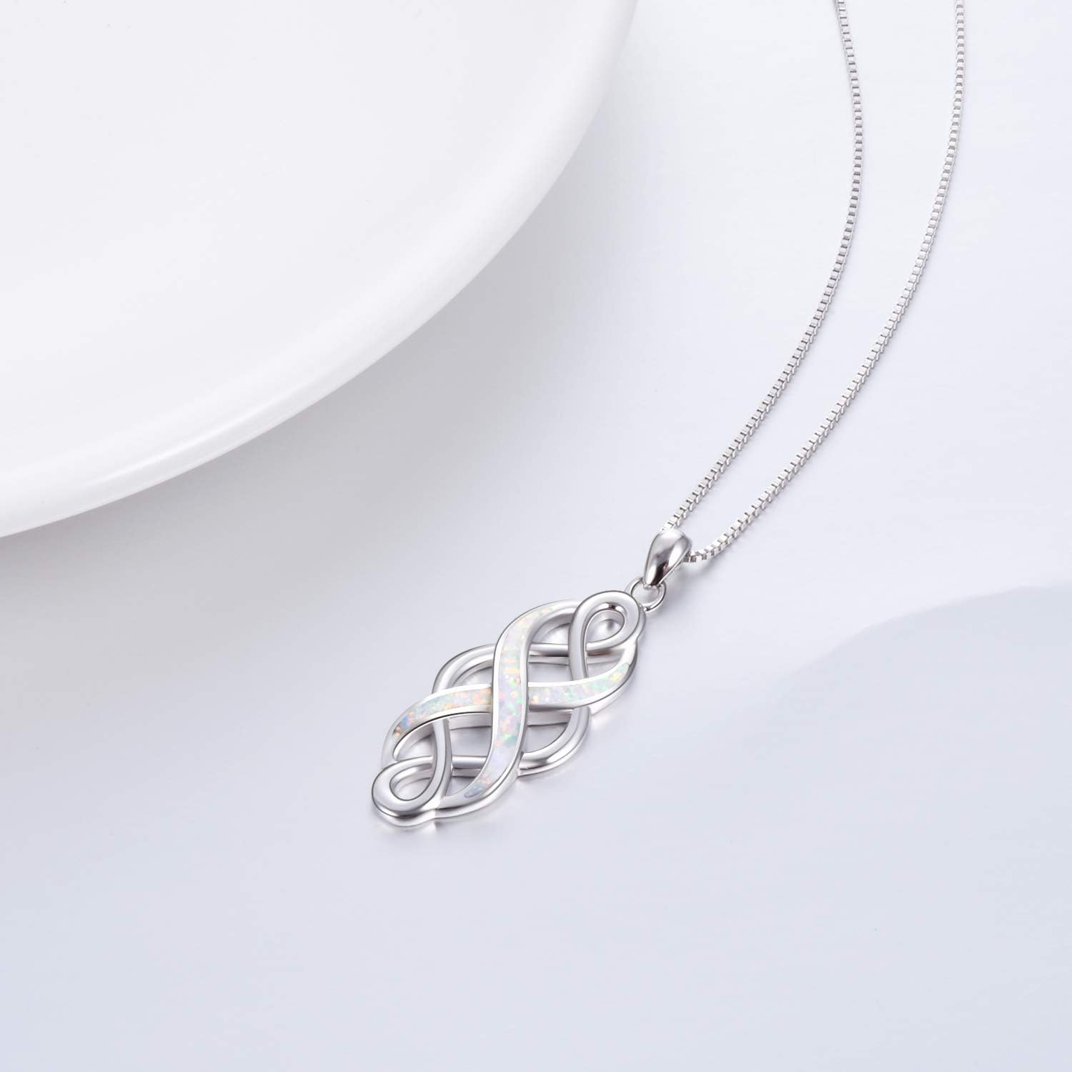 Irish Celtic Knot Created Opal Pendant Necklace Sterling Silver Black Necklaces for Women Men 18"
