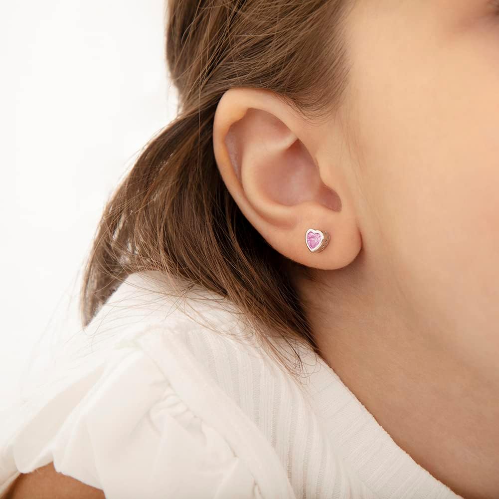 925 Sterling Silver 5Mm Girls CZ Heart Earrings Simulated Birthstone Bezel with Screw Back Stud Baby Earrings - Safety Screw Back for Toddlers - Quality Heart Cubic Zirconia Earrings for Kids
