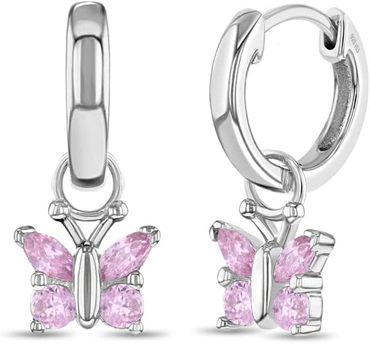 925 Sterling Silver Cubic Zirconia Butterfly Dangle Hoop Earrings for Young Girls and Pre-Teens - Pretty Butterfly Earrings for Girls
